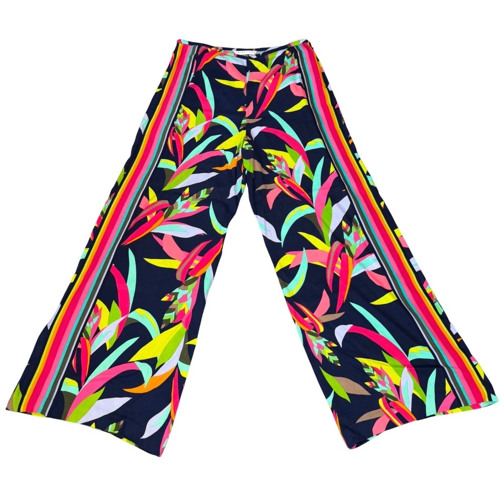 Trina Turk Wide Leg Pants Womens Navy Tropical Neon Print Resort Palazzo Size 12